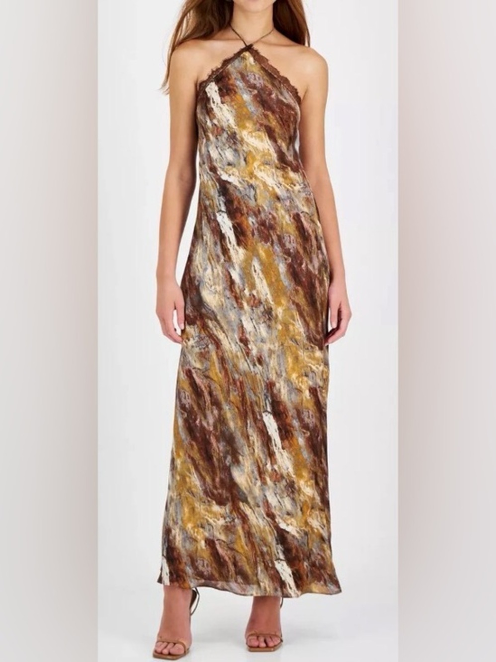 1 State Abstract Marble-Print Halter Maxi Dress in Rust, Brown and Cream: Small